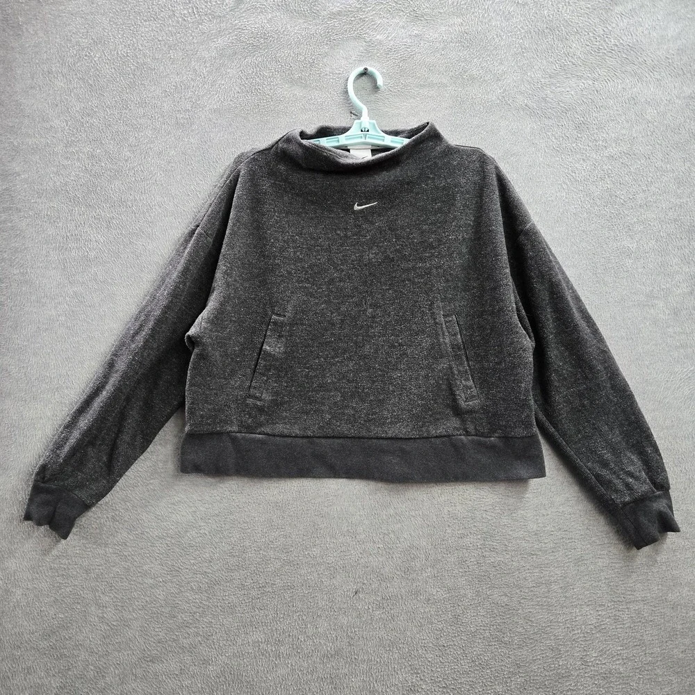 VINTAGE Nike Women Sweatshirt S Gray THERMA-FIT‎ Crop Center Swoosh Logo Y2K